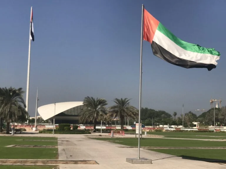 UAE flat with Etihad Museum in background, Dubai, UAE