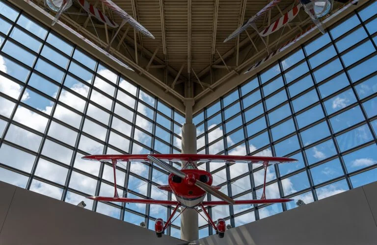 Museum lobby with a Pitts S-1 Special aircraft, EAA Aviation Museum, Oshkosh, Wisconsin, US julesvernex2