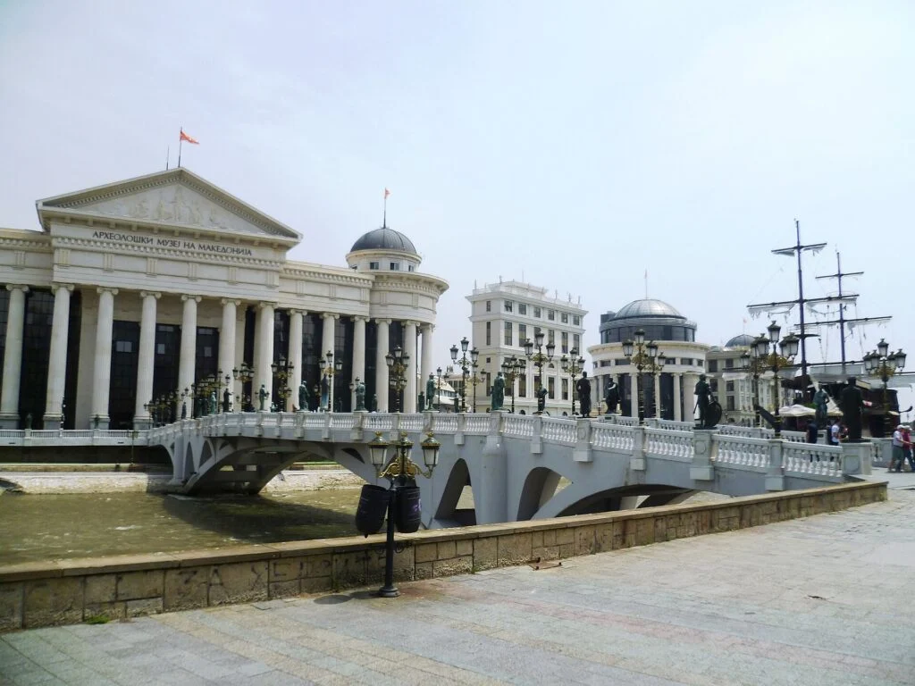 Bridge of Civilizations in front of the Archaeological Museum of Macedonia in Skopje